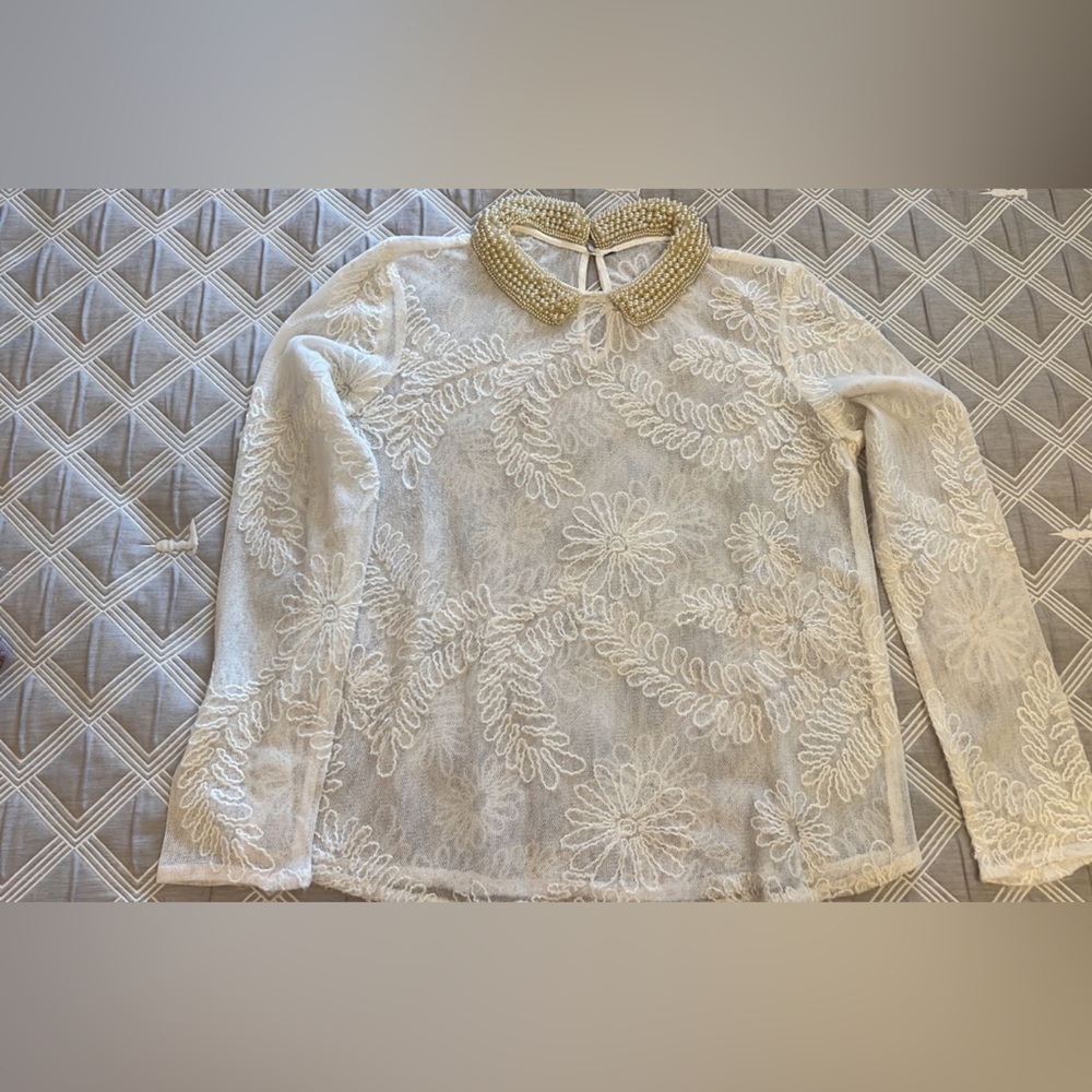 Zara Elegant White Lace Top with pearl Beaded Collar size M